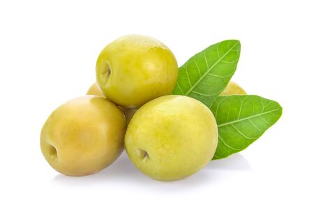 green olives on a white backgroundの写真素材