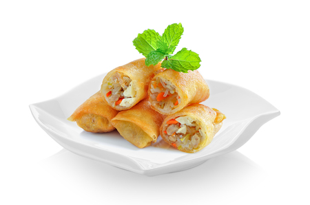 Fried Chinese Traditional Spring rolls food in ceramic plate (beautiful shape) on white backgroundの写真素材