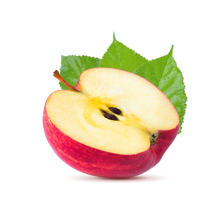 Red apple fruit slice (cut) isolated on white backgroundの写真素材