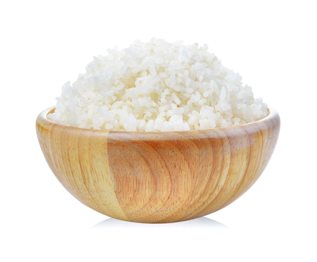 rice in wood bowl on white backgroundの写真素材