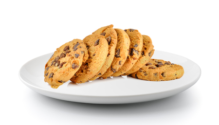 Chocolate chip cookie in a plate isolated on a white backgroundの写真素材