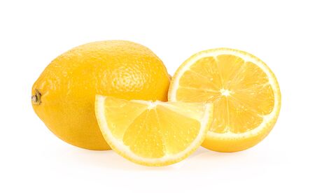 Lemon and cut half slice isolated on white backgroundの写真素材