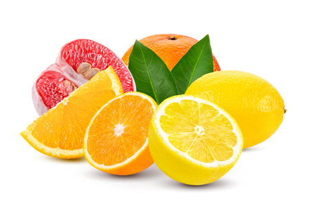 orange Grapefruit and lemon isolated on white backgroundの写真素材
