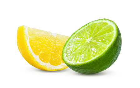 Slice of lemon and lime fruit isolated on white backgroundの写真素材