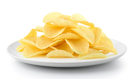 Potato chips in a plate isolated on a white backgroundの写真素材