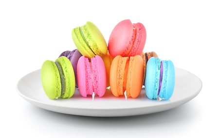 macaroons in a plate isolated on a white backgroundの写真素材