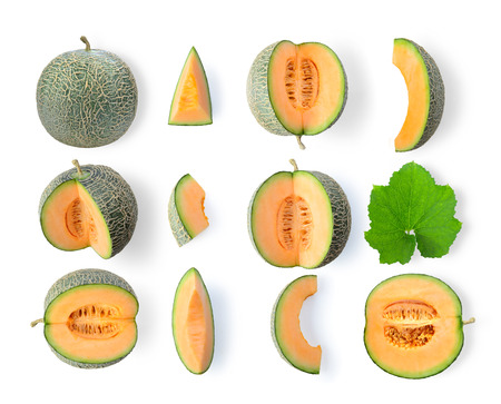 set of cantaloupe melon isolated on white backgroundの写真素材