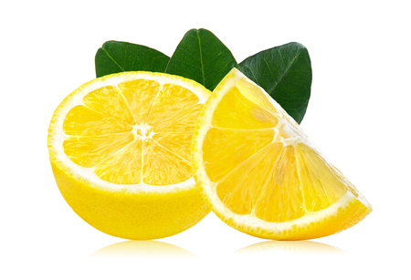 Slice of lemon fruit with leaf isolated on white backgroundの写真素材