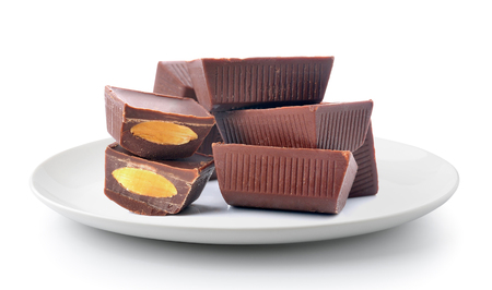 chocolate bar in a plate isolated on a white backgroundの写真素材