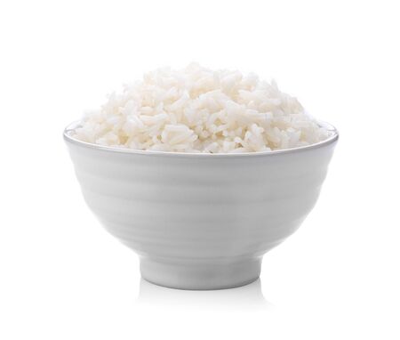 rice in a white bowl on white backgroundの写真素材