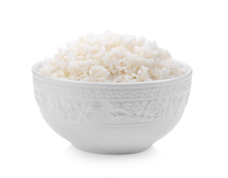 rice in a white bowl on white backgroundの写真素材