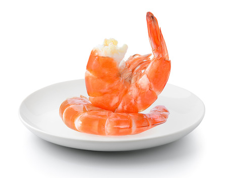 shrimps in a plate isolated on a white backgroundの写真素材