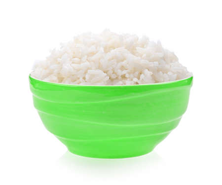rice in green bowl on white backgroundの写真素材