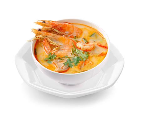 Tom Yam Kung (Thai cuisine) isolated on white backgroundの写真素材