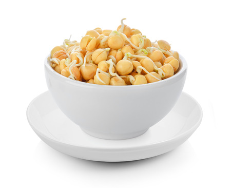 Germinated chickpeas in a bowl on white backgroundの写真素材