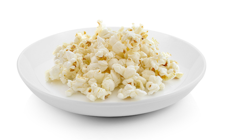 Pop Corn in plate on white backgroundの写真素材