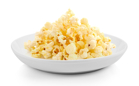 Pop Corn in plate on white backgroundの写真素材