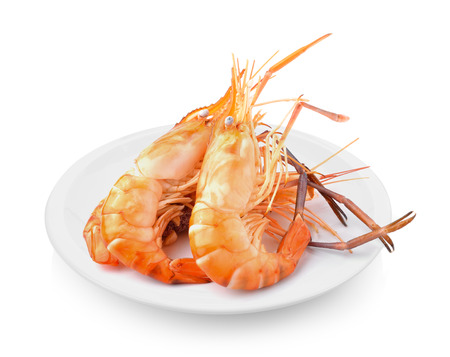 Boiled shrimp in plate on white backgroundの写真素材