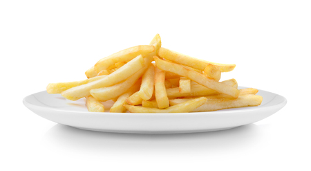 French fries in plate isolated on white backgroundの写真素材