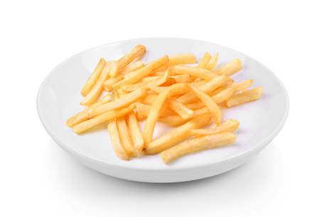 French fries in plate on white backgroundの写真素材