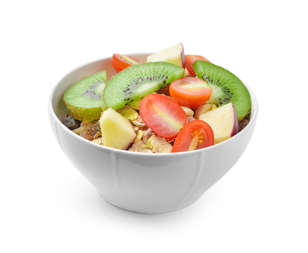 Healthy breakfast with muesli isolated on white backgroundの写真素材