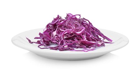 sliced of red cabbage in plate on white backgroundの写真素材