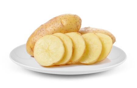 potato in plate isolated on white backgroundの写真素材
