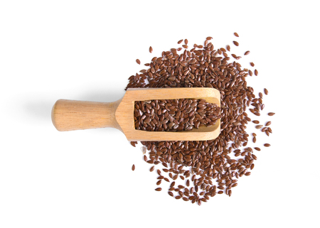 Flax seeds heap on white backgroundの写真素材