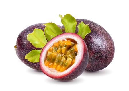 passion fruit with leaf on white backgroundの写真素材