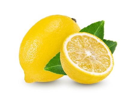 lemon with leaf isolated on white backgroundの写真素材