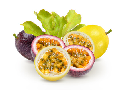 passion fruit with leaf on white backgroundの写真素材
