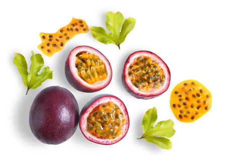 passion fruit with leaf on white background. top viewの写真素材