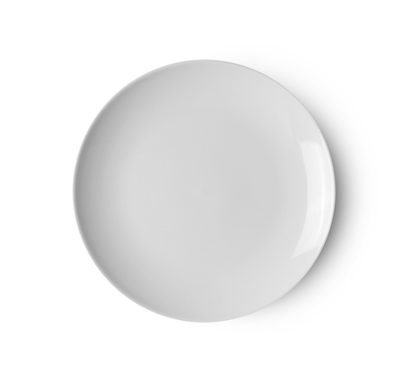 Empty ceramic round plate isolated on white backgroud. top viewの写真素材