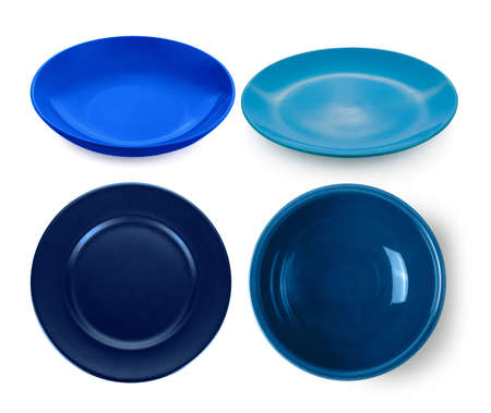 empty blue plate and bowl isolated on white backgroundの写真素材