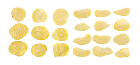 set of potato chips isolated on white backgroundの写真素材