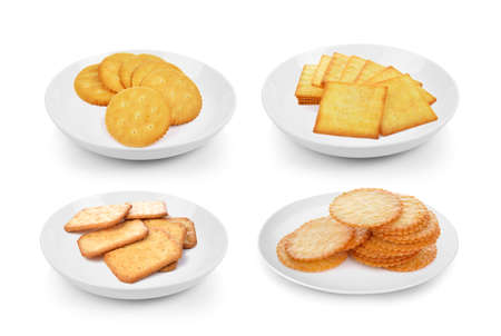Cracker in a plate on white backgroundの写真素材