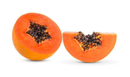 sliced ripe papaya with seed isolated on with backgroundの写真素材