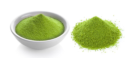 green tea powder in a bowl on white backgroundの写真素材