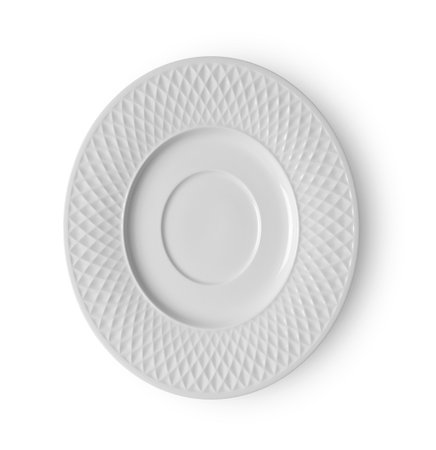 Empty ceramic round plate isolated on white backgroud. top viewの写真素材