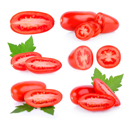 Tomato vegetable slice isolated on white backgroundの写真素材