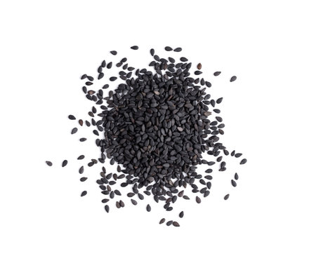 Black  sesame seeds isolated on white background, top viewの写真素材