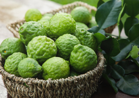 fresh bergamot fruit on wooden table backgroundの写真素材