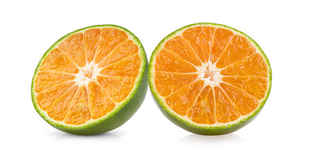 green orange tangerine slice isolated on white backgroundの写真素材