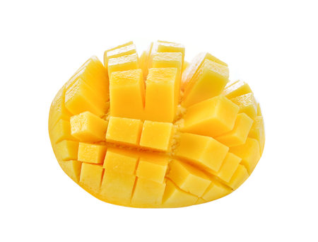 Fresh mango half isolated on white backgroundの写真素材