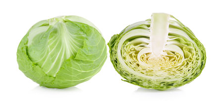 Green cabbage isolated on white backgroundの写真素材