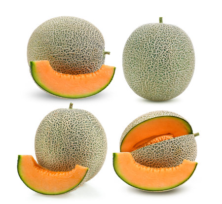 cantaloupe melon slices isolated on white backgroundの写真素材