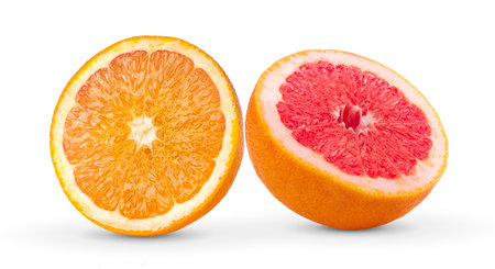 half grapefruit and orange isolated on white backgroundの写真素材