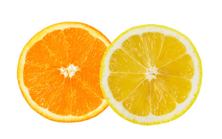 Orange and lemon slice isolated on white backgroundの写真素材