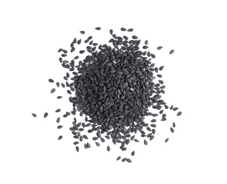 Black organic sesame seeds isolated on white background, top viewの写真素材