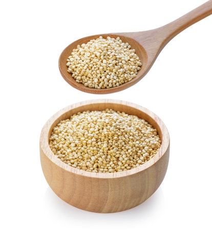Quinoa in a bowl on white backgroundの写真素材
